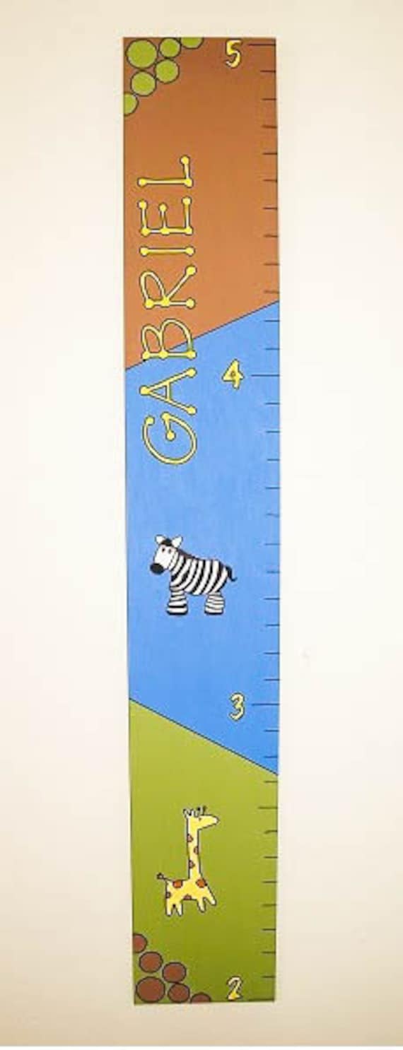 Personalized Hand Painted Blue Brown and Green Animal Themed Wooden Growth Chart with Zebra and Giraffe