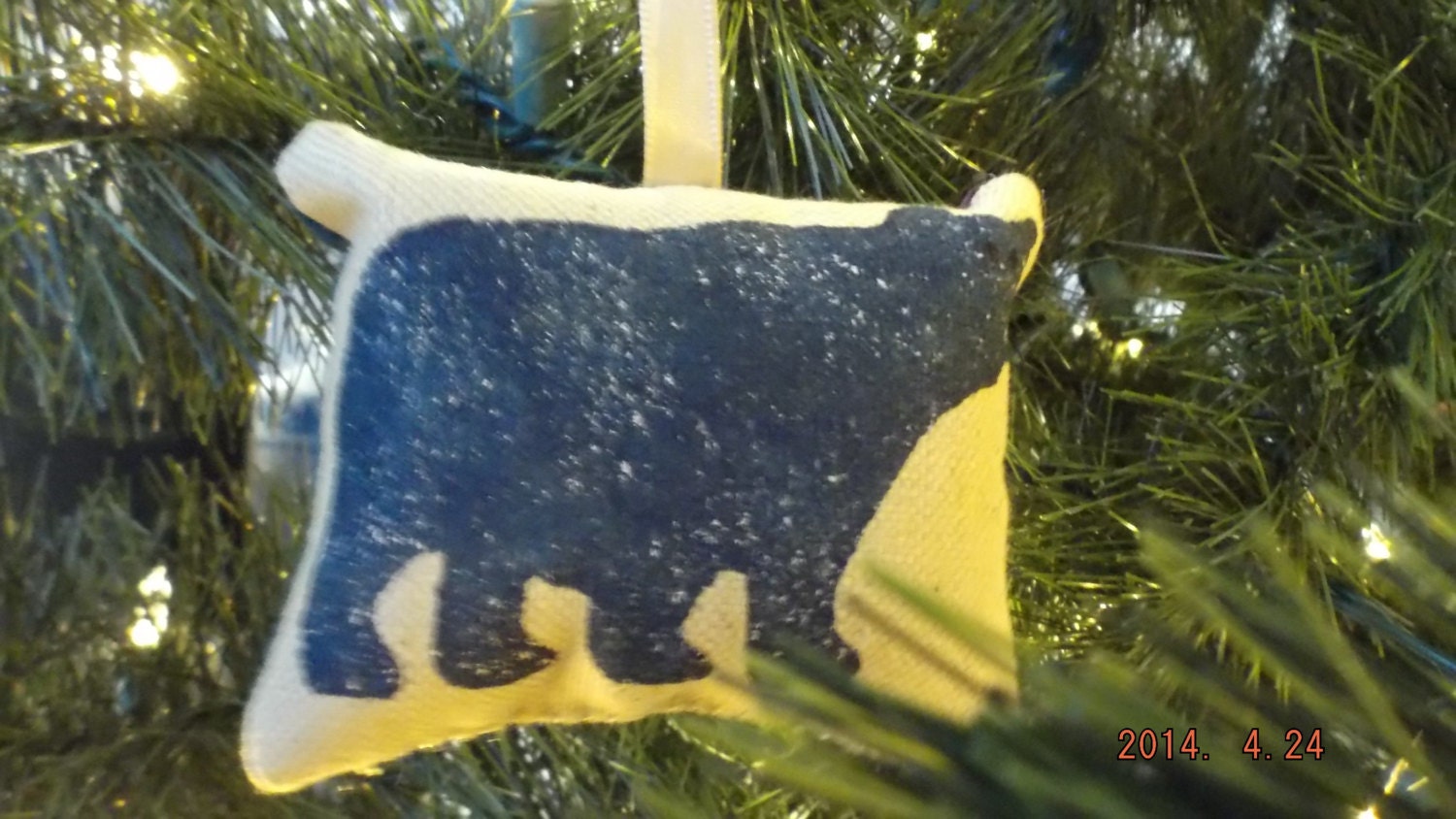 Primitive Blue Bear Stenciled Pillow Tree Decoration on Canvas Fabric Reversed with Blue Plaid Fabric FREE SHIPPING!