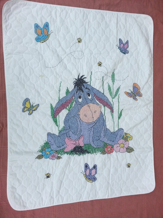 Items similar to REDUCED: Baby quilt blanket cross stitch Eeyore. on Etsy