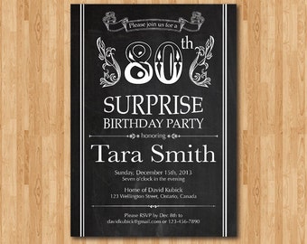 80th Birthday Invitation. Chalkboard Surprise Birthday. Printable