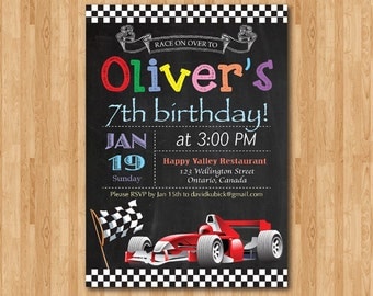 Race Car Birthday Invitation. Boy Racing Car birthday party invite. Chalkboard bday invites. Ferrari formula one 1. Printable digital DIY.