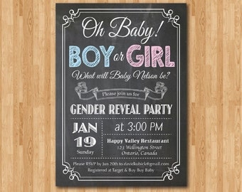 Chalkboard Gender Reveal Invitation. Baby boy or girl announcement Party. Oh Baby. Black and White typography. Printable digital DIY.