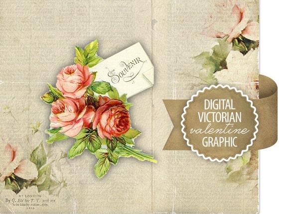 Digital Valentine Flowers Diecut - Antique Vintage Valentine Diecut Graphic - Victorian Flowers - Printable - INSTANT DOWNLOAD