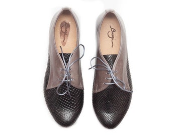 Black Leather Shoes, Black Oxford Shoes, Black and Grey Shoes, Flat Shoes, Close Shoes , Free Shipping