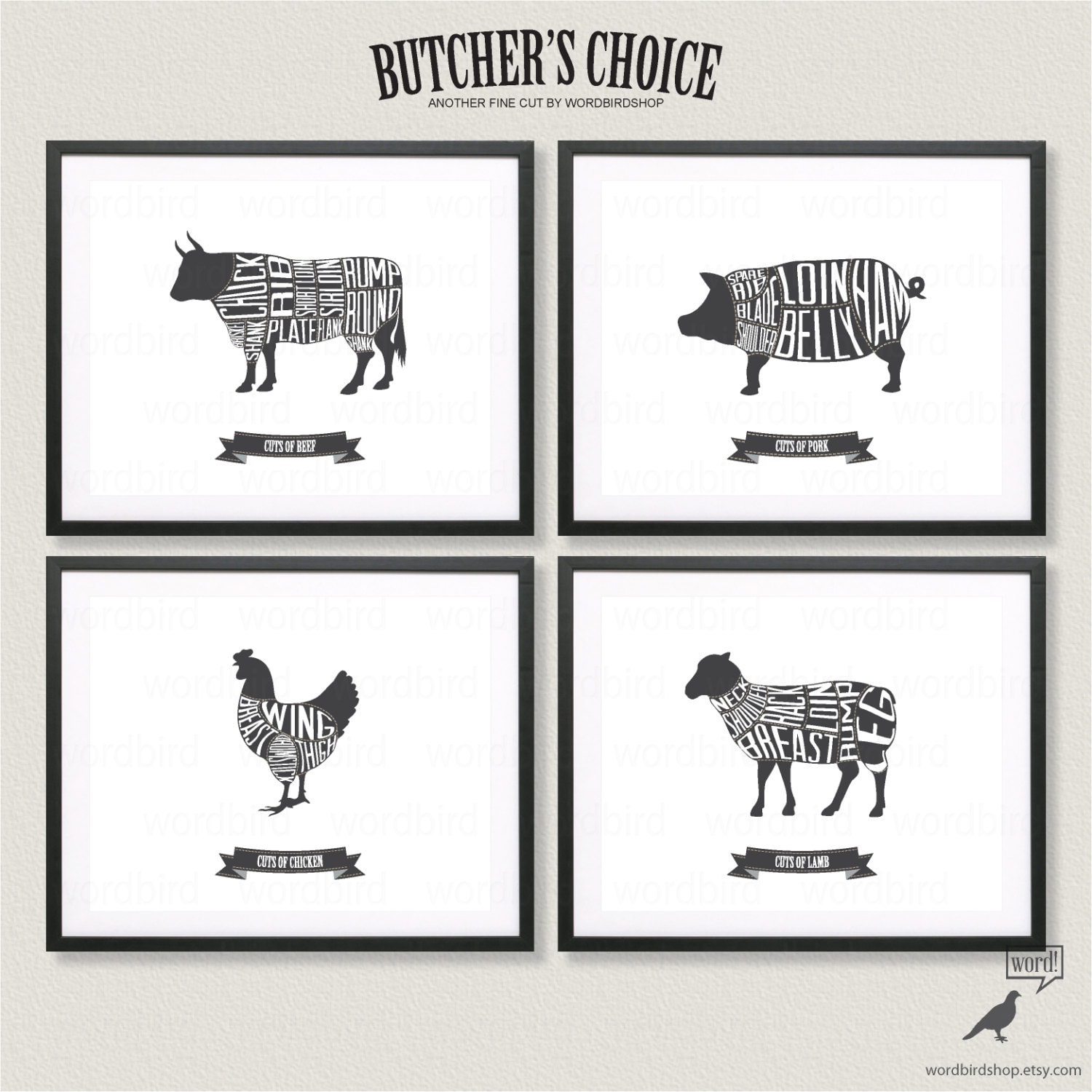 Butcher Chart Set Beef Pork Chicken And Lamb Butcher Charts