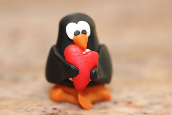 Egbert the Penguin, pocket totem, polymer clay miniature animal, Red Love Heart, arctic bird figurine, small sculpture, black, white, orange