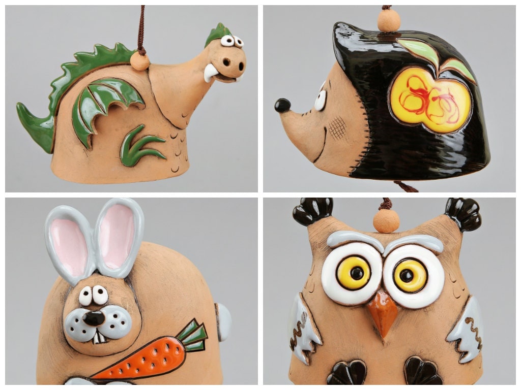 Ceramic Animal Bells : Dragon Hedgehog Rabbit Owl Bell