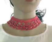 Coral Lace And Pearls Choker Necklace Pink Crochet