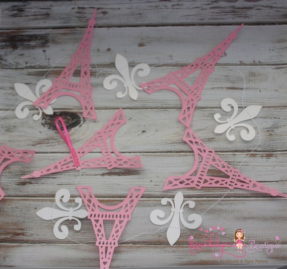 Eiffel Tower Paper Garland you can CHOOSE YOUR COLORS,  Party Garland, Photo Prop Nursery playroom decor, Paris, pink and white fleur-de-lis