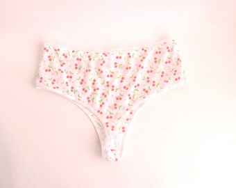 Sweet High waist white thong with a classic cherry pattern, and plus sizes.Ready to ship right now! Sizes from XS to 2XL, 3XL