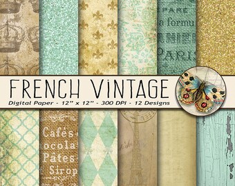 French Vintage Digital Paper, Old Paper Digital Paper, Paris Scrapbook, French Paper Pack, Parisian Wallpaper, Vintage Paper, Fleur de Lis