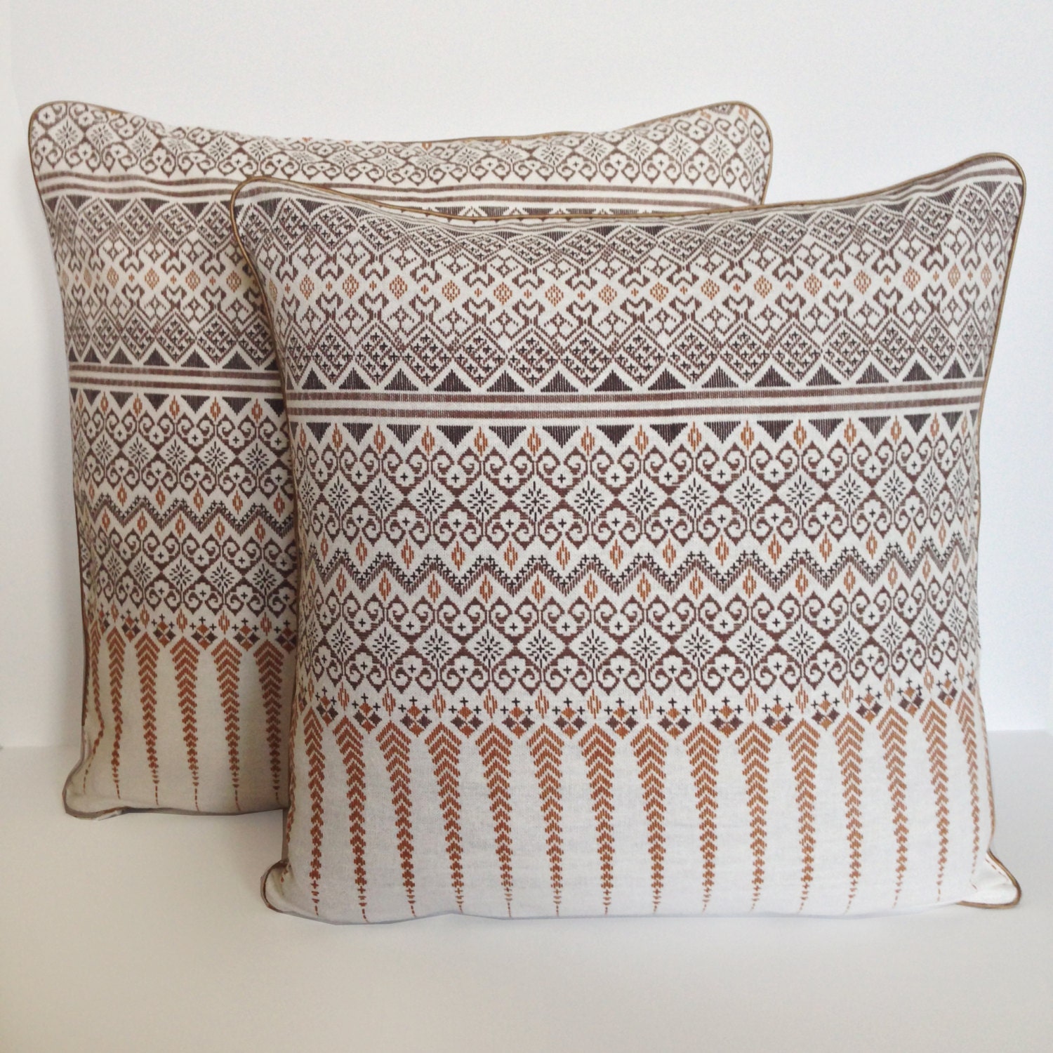 White Tribal Print Throw Pillow Case with Welting Details
