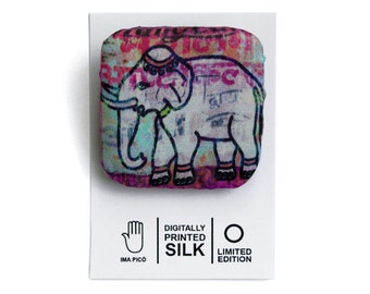 Elephant brooch, handmade fabric badge, whimsical animal hindu illustration, India art elephant silk jewellery, cute small inexpensive gifts