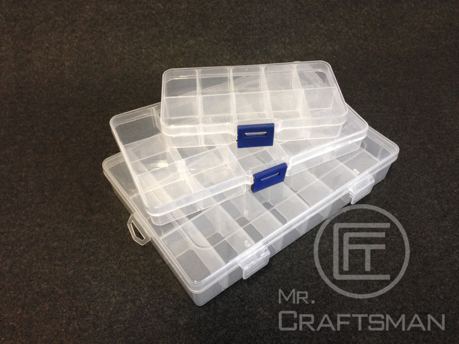 Clear plastic small parts storage box with movable dividers