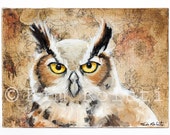 Horned Owl - Original Mixed-Media Collage Painting by Kim Roluti