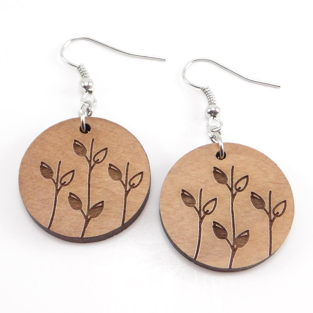 Laser Engraved Leaf Earrings Wood Earrings Round Earrings 5869