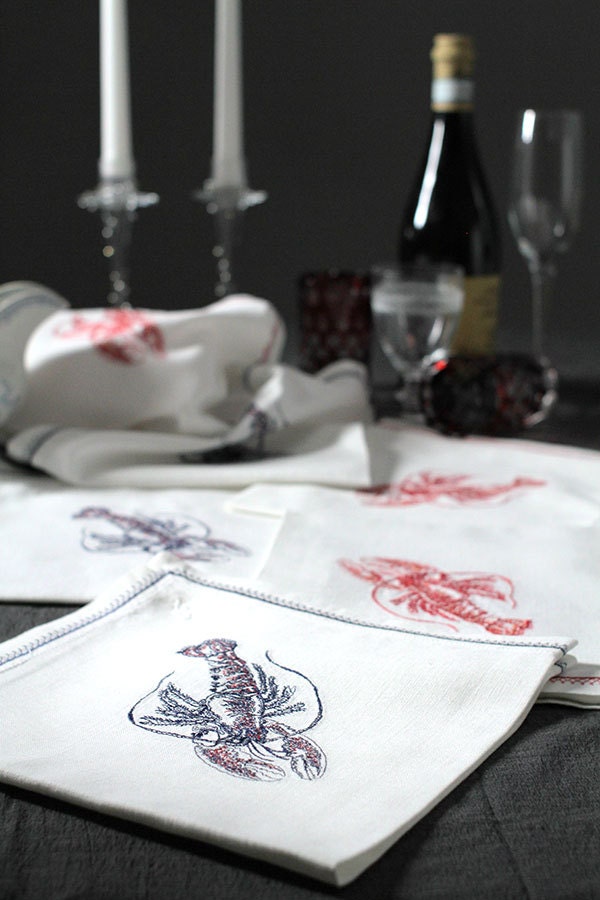 Embroidered linen cloth dinner napkins white vintage