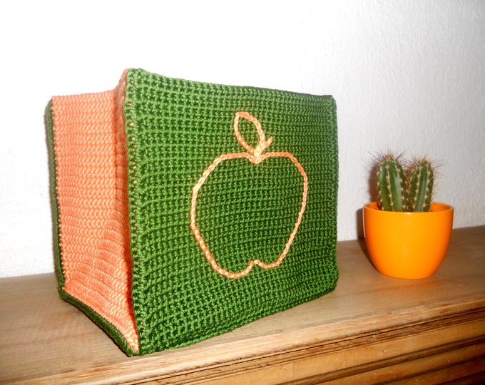 Nursery Storage Bin, Orange Apple on Emerald Orange Crochet Basket, Bright Nursery Storage, Green Nursery, Orange Nursery, Baby Shower Gift