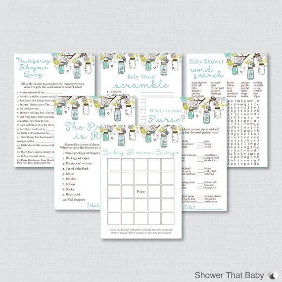 Mason Jar Baby Shower Games Printable Package in Blue, Aqua, and Brown  Six Printable Games 