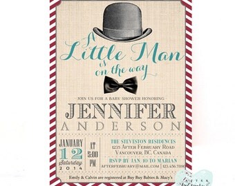 Little Man Baby Shower Invitation - Bow Tie Little Gentleman - Red and Blue - Typography - Printable OR Printed No.138BABY