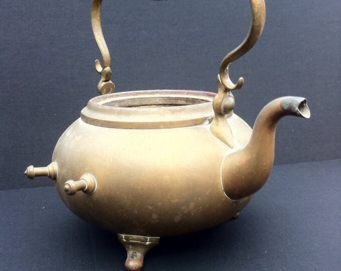 Storewide 25% Off SALE Vintage Distressed Copper Footed Tea Kettle Featuring Matching Copper Handle With Black Handled Grip