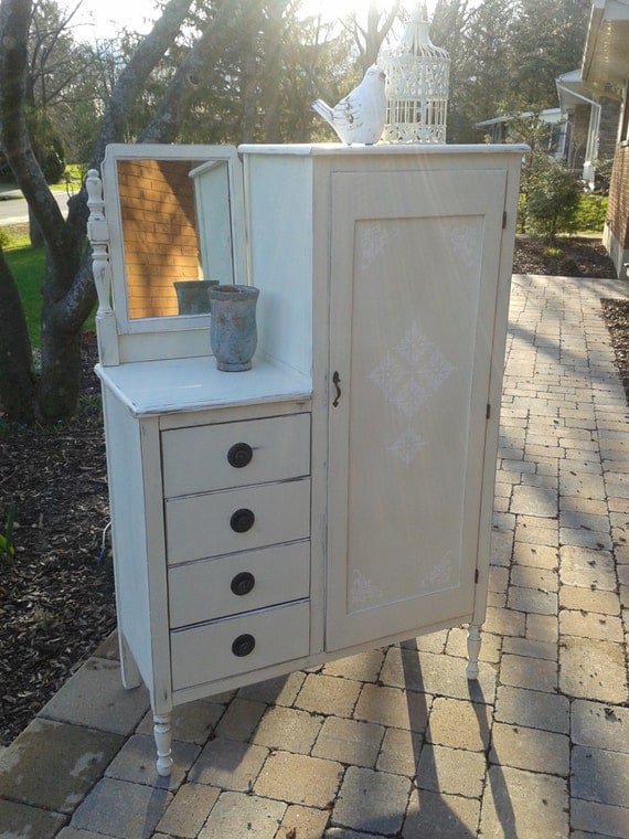Distressed Antique Vintage Wardrobe Dresser with Mirror