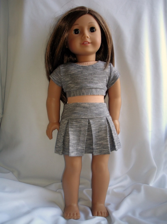 Trendy gray and black stripe knit crop top and pleated skirt for 18 inch doll such as American Girl