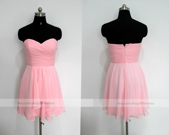 Handmade Sweetheart Pink Chiffon Knee Length Bridesmaid Dress