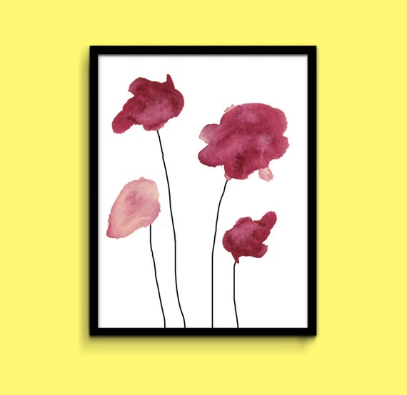 Four Fuschia/Red Watercolor Flowers Wall Art Print 11x14 PDF