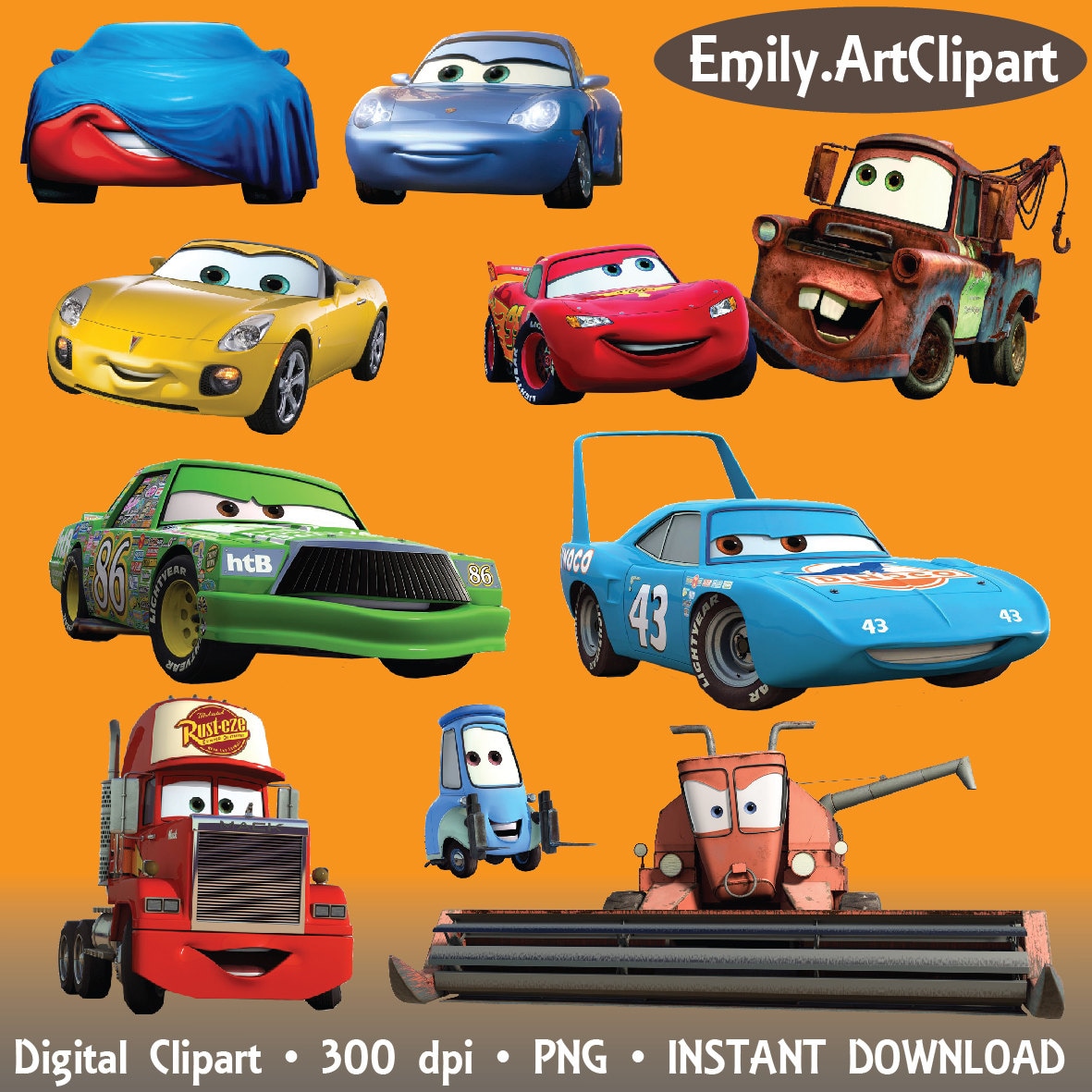 Cars Clipart Disney Cartoon Character 28 PNG Digital Graphic Image Clip ...