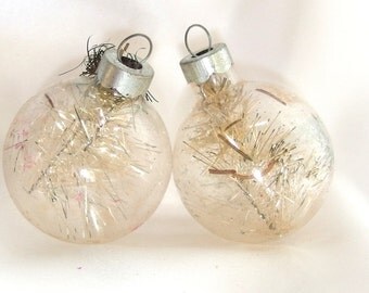 2 Small Vintage Christmas Ornaments, Clear, Unsilvered with Silver Tinsel USA Holiday Ornaments