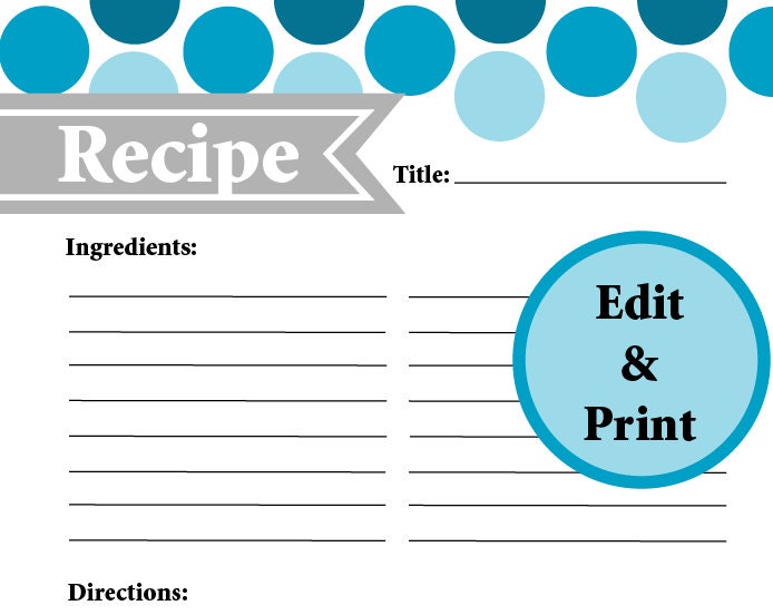Full Page Recipe Card Instant Download Fillable