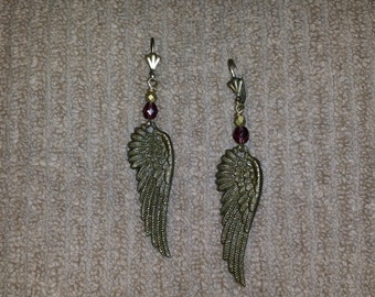 Handmade angel wing earrings with Czech glass beads & antiqued brass