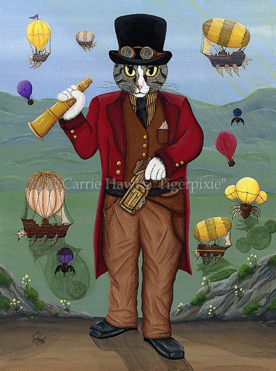 Steampunk Cat Art Victorian Gothic Air Ships Hot Air Balloons Fantasy Cat Art ACEO Mini Print
