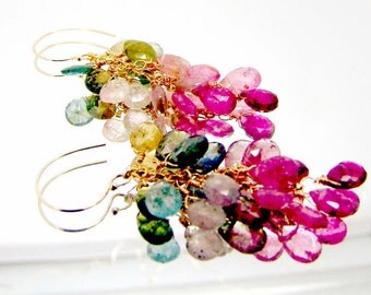 14k gold yummy tourmaline briolette cluster earrings