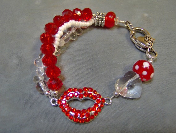 Crystal and Lampwork Beaded Red and White Bracelet - Artisan Jewelry - Valentines Jewelry - Crystal Lips Bracelet Mickey Mouse - Minny Mouse