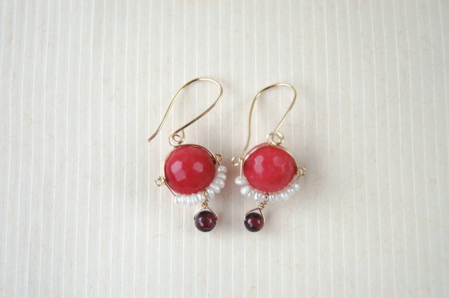 Coral Pink Earrings with Pearl and Garnet in Silver or Gold