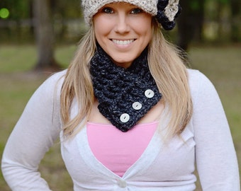 Oatmeal Womans Hat Warm Winter Hat Chunky Crochet Thick Winter Beanie Womens Beanie Charcoal Gray Flower Crochet Flower Hat Teen Girl Hat