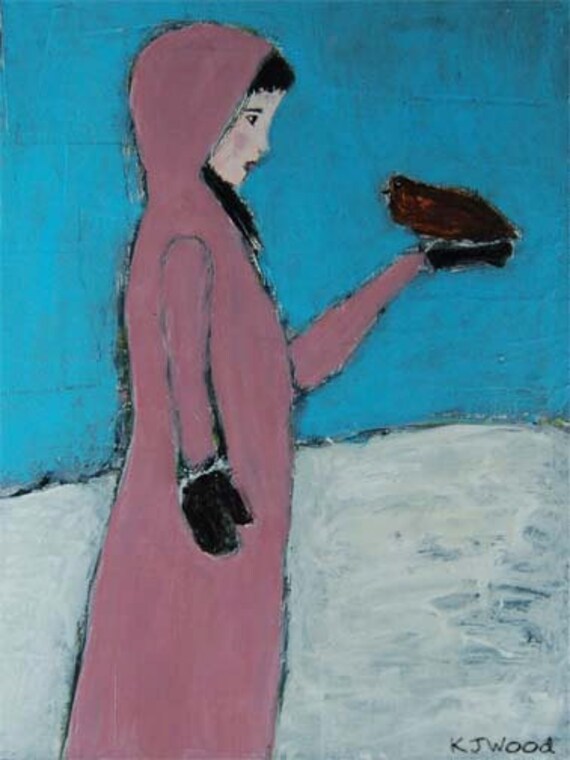 Original Acrylic Portrait Painting Girl, black bird, hand, snow, winter, blue sky, pink coat  - Sweet Bird of Youth II