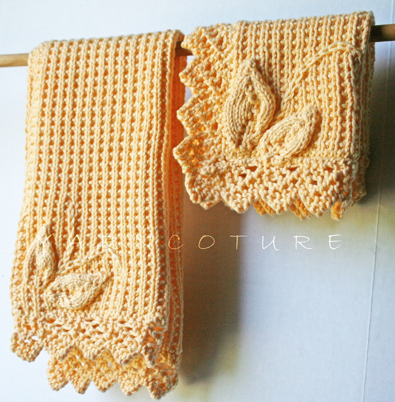 Hand Knit Leaf Garden Washcloth And Hand Towel Set w/Lace