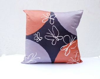 Vintage Vera PILLOW Cover in Silk 21"- Pillow Sham, Throw Pillow, Silk Pillow- Copper and Purple Butterfly- Home Decor (Ready to Ship)