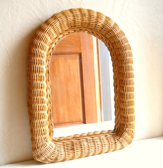 Natural Wicker Framed Mirror Wall Hanging Rounded Top Frame