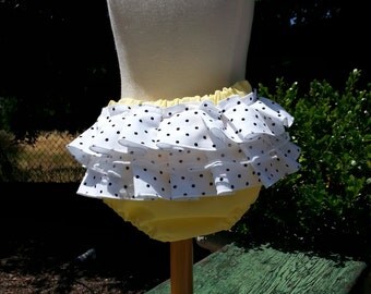 Ruffle Sweet Bottoms diaper cover, Yellow and White with Black polka dots - Baby girl sizes 0-18 months