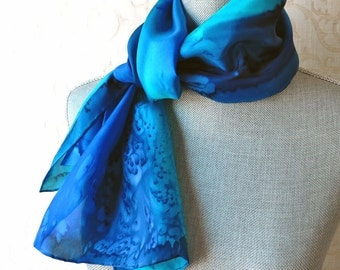 Silk Scarf Hand Dyed in Sapphire, Aqua and Midnight Blue