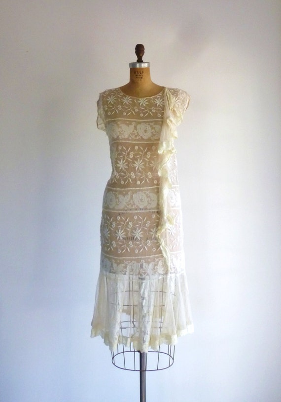 Ivory Lace 1920s Dress Drop Waist Great Gatsby Flapper Wedding