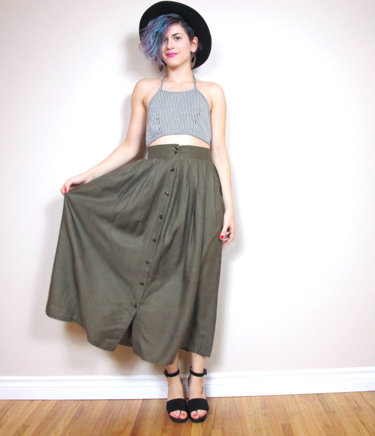 80s Army Green Button Down Maxi Skirt Pleated High Waist