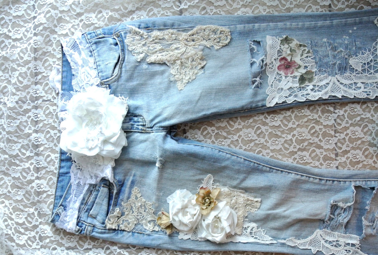 A SALE embellished jeans Boho lace jeans CUSTOM Jeans Shabby