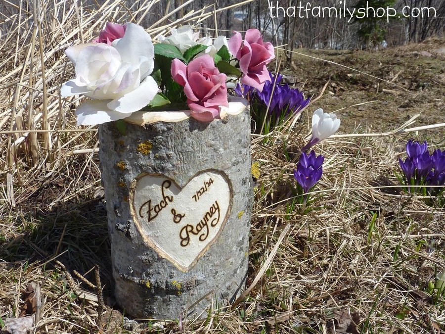 Personalized Mason Jar Holder Log Rustic Wedding Flower Vase with YOUR Names/Date