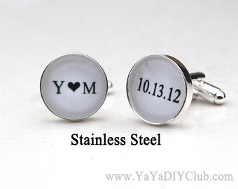 Personalized Cufflinks Wedding Cuff links Custom Color Initials heart Date - Groom Cuff links Groom Gift from bride