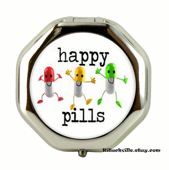 Funny HAPPY PILLS Pill Case for Pocket or Purse by kitschville